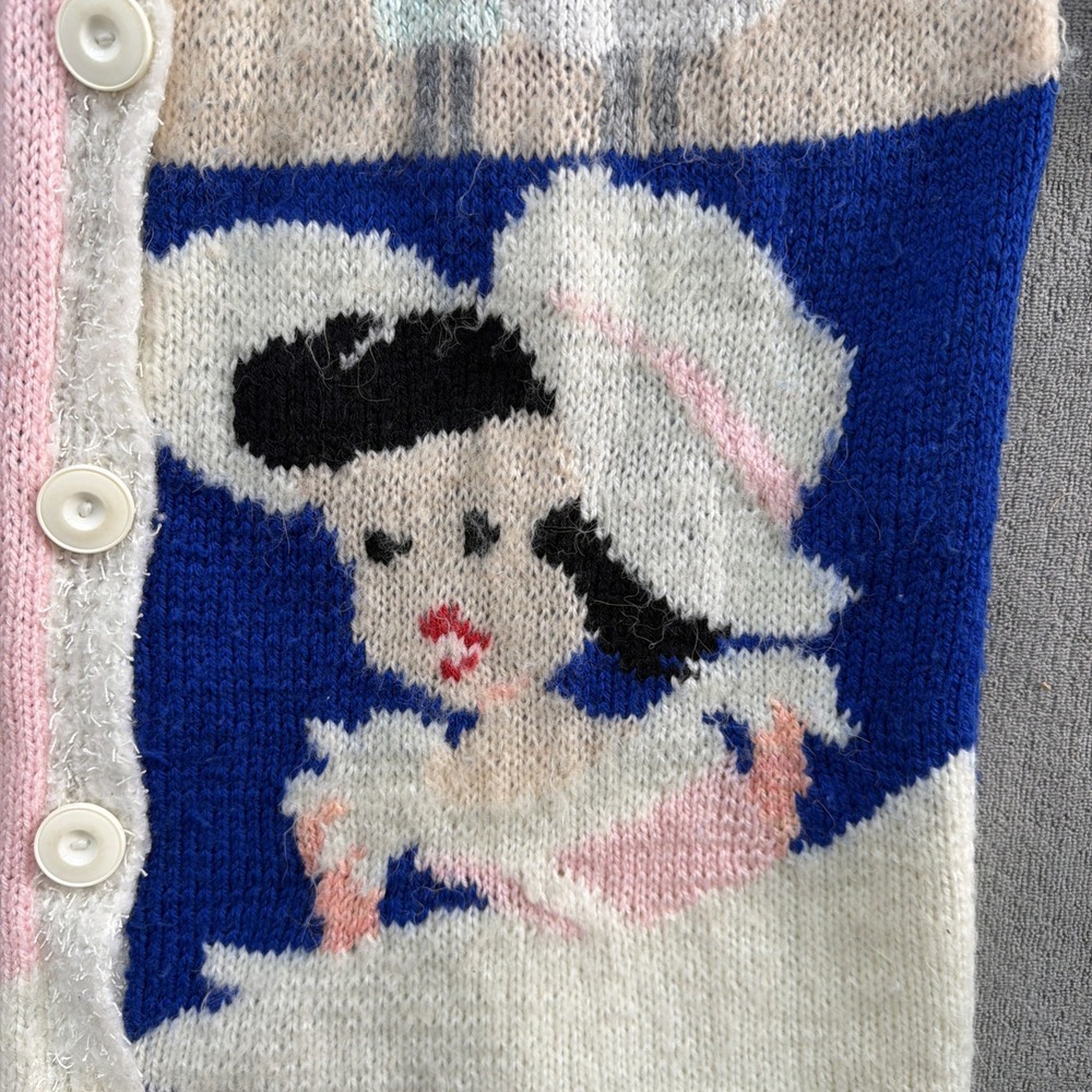 Vintage 80s Hand Knit Intarsia Duster Cardigan Paris Art Sweater Oversized - Picture 5 of 11